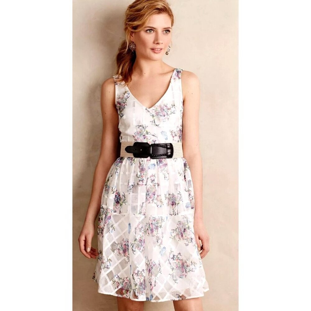 Maeve Anthropologie Dress Women 2 White‎ Floral Peony Garden Mini Cottagecore